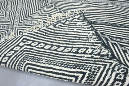 Moroccan Rug 7x11 | Handmade white black rug | Costume Wool Rug | Flat woven kilim Rug